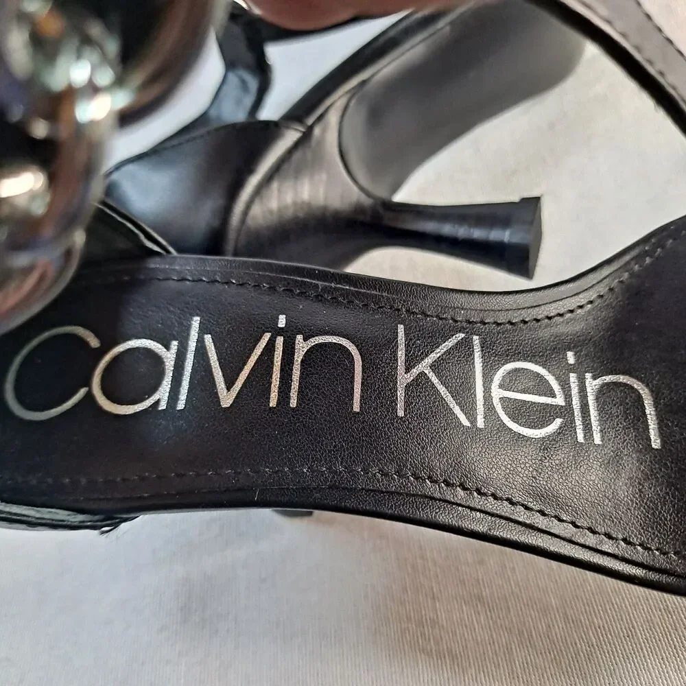 Calvin Klein Women's 6.5M Nova Chain Ankle Strap T Strap High Heel Dress Sandals